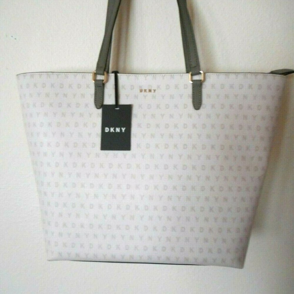 NEW DKNY Off Cream / Grey Olive Green Tote Handbag